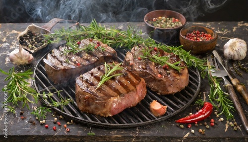 grilled steak with vegetables, wallpaper Grilled beef steaks with herbs and spices on a barbecue grill