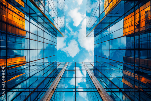 Contemporary high-rise office buildings converging towards the sky, their windows mirroring the blue and cloudy sky.