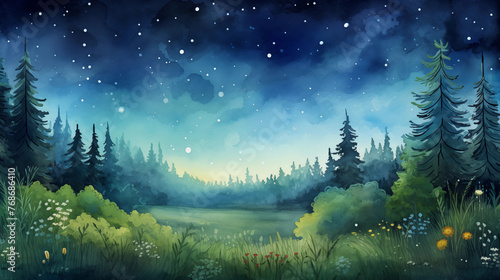 Hand drawn beautiful night outdoor natural scenery watercolor illustration 