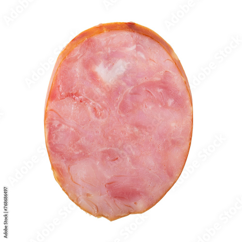 Piece of fish sausage isolated on white background. Ham sausage from african catfish (Clarias gariepinus).