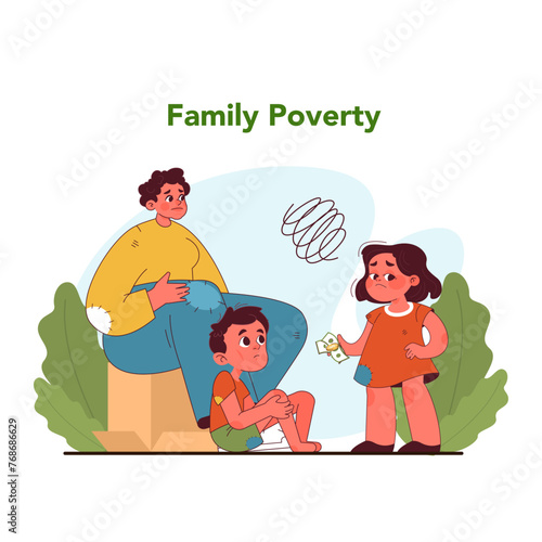 Family poverty and child labor. Flat vector illustration