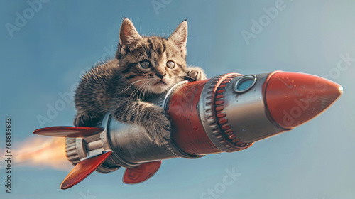 A playful kitten imagines a thrilling adventure, clutching a red rocket as it soars through a cloudy blue sky.