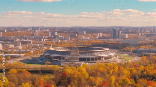 Luzhniki Stadium and Moscow cityscape in sunny autumn day