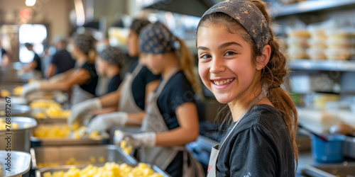 A young girl with a bright smile volunteers at a school cafeteria, serving healthy food options to her peers