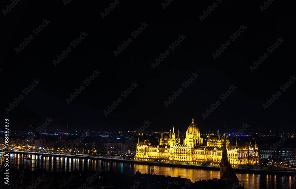 The Hungarian Parliament Building Across The Danube At Night From The Fisherman's Bastion ( Halászbástya )