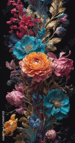 painting of a bouquet of flowers, with red, pink, blue, and yellow hues.