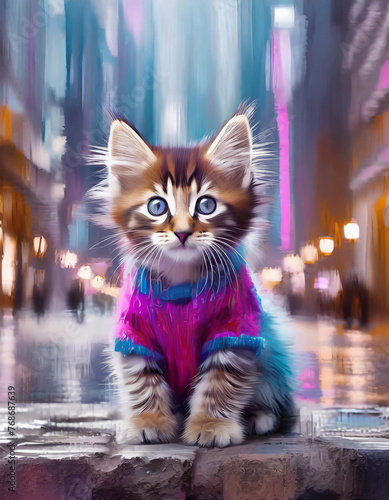 Portret małego kotka w sweterku na środku ulicy w mieście. Generative AI photo