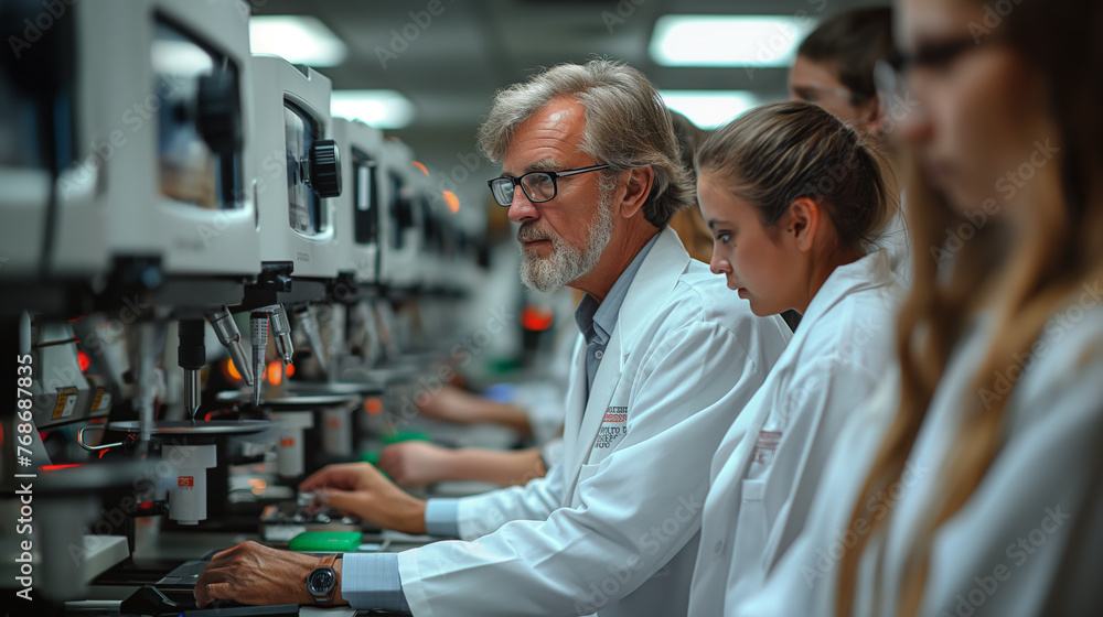In a state-of-the-art laboratory, a leading researcher shares his expertise with a group of bright-eyed interns, their lab coats billowing as they work diligently on experiments, s