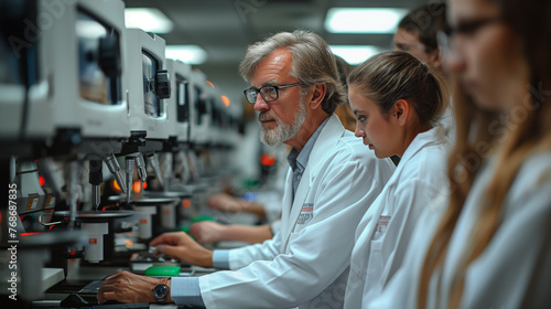 In a state-of-the-art laboratory, a leading researcher shares his expertise with a group of bright-eyed interns, their lab coats billowing as they work diligently on experiments, s