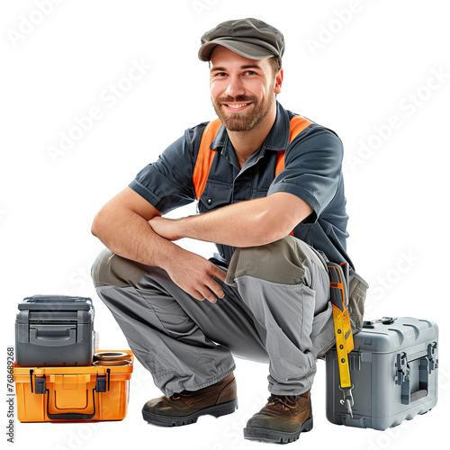 Professional Handyman with Tools Smiling Confidently at Camera on transparent background