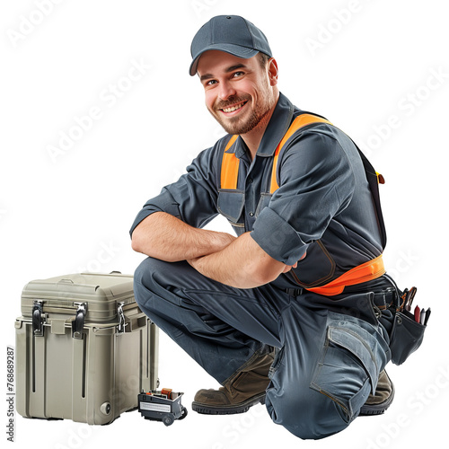Friendly Construction Worker Crouching with Toolboxes looking at camera on transparent background