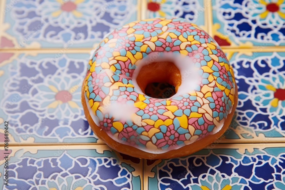 Tempting doughnut on a marble slab against a colorful tile background