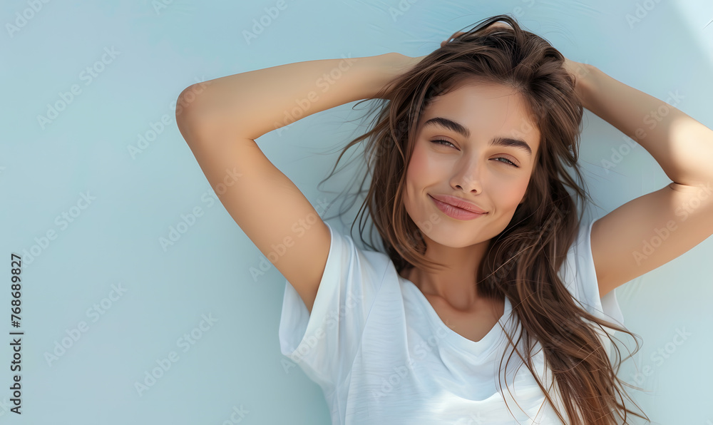Beautiful attractive woman sleeps and has sweet dreams, lying on a bed in a cozy bedroom in the morning, feeling so relaxed and comfortable Beautiful attractive woman sleeps and has sweet dreams, lying on a bed in a cozy bedroom in the morning, feeling so relaxed and comfortable