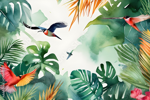 Tropical leaves and birds on a white background.