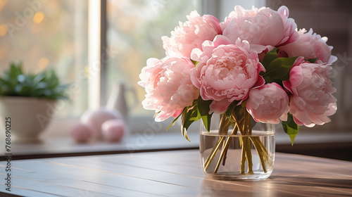 Fototapeta Naklejka Na Ścianę i Meble -  a bouquet of peonies in a glass vase on the table