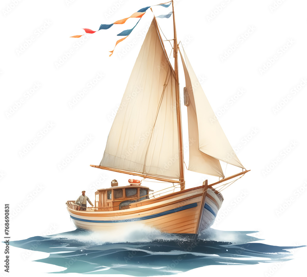 Obraz premium Nursery cute Abstract watercolor boat, red flag, baby clipart. Template for the invitation cards, concept of love and freedom - texture of paint paper in blue color illustration
