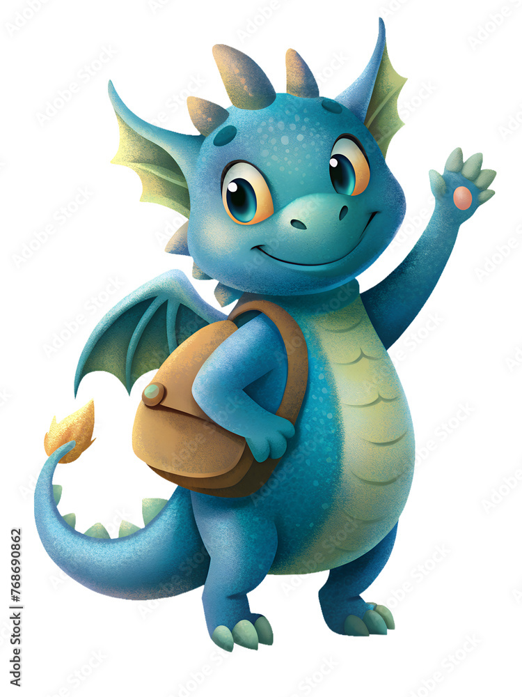 A cartoon dragon carries a backpack and waves goodbyeA cartoon dragon carries a backpack and waves goodbye A cartoon dragon carries a backpack and waves goodbyeA cartoon dragon carries a backpack and waves goodbye