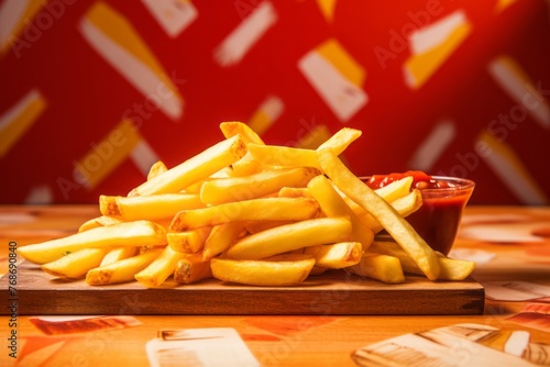 Juicy french fries on a wooden board against a colorful tile background