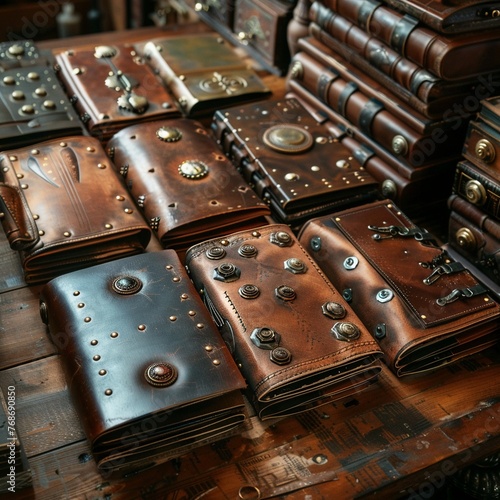 Steampunk archives, brass gadgets, leather books, industrial dawn, aerial view, copperplate engraving look