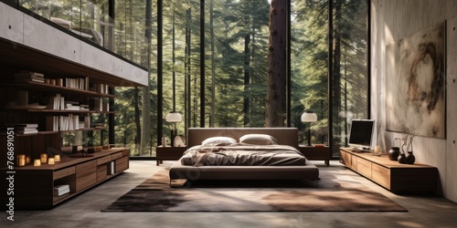 Modern bedroom with forest views and a large library. Panoramic views of the forest. Generative AI