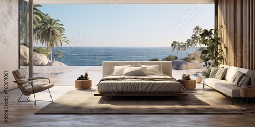 Modern bedroom with sea or ocean views. Calm and relaxation. Generative AI © 22_monkeyzzz