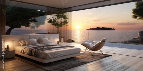 Modern bedroom with ocean view. Loft interior design background. Generative AI © 22_monkeyzzz