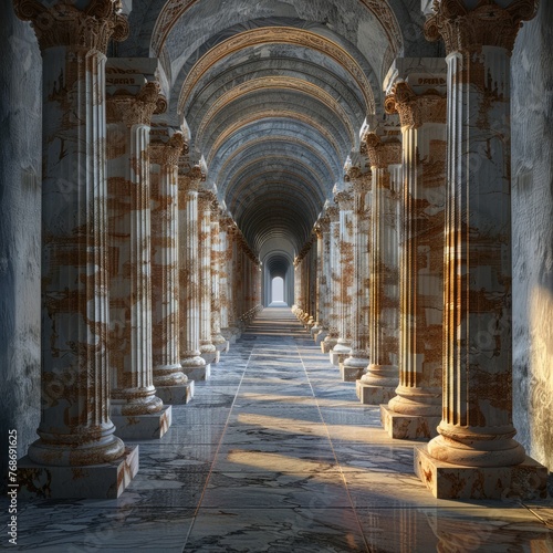 Gleaming marble corridor flanked by ornate columns, stretching into a vanishing point under a vaulted ceiling