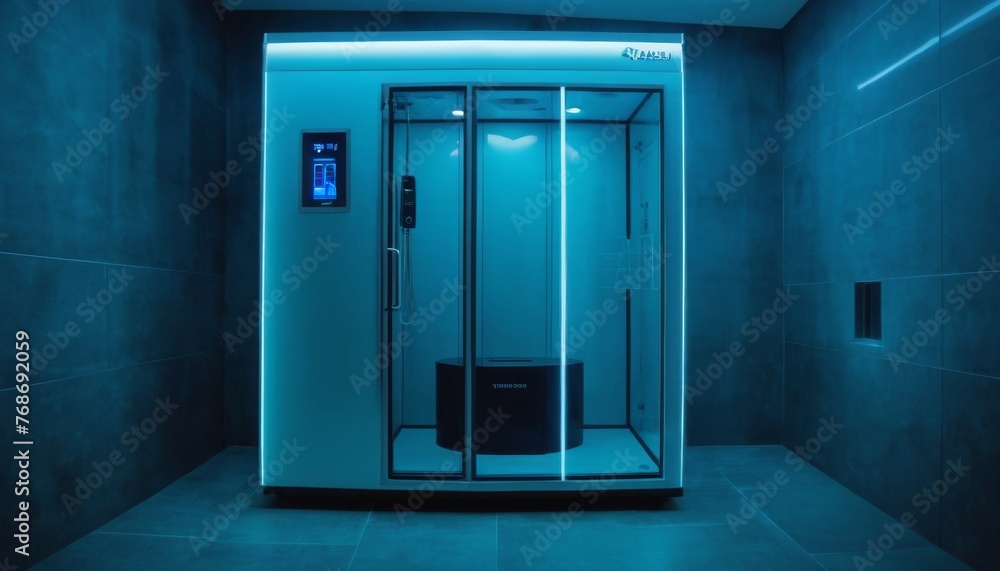 A contemporary cryotherapy chamber with a futuristic design illuminated with blue lighting, situated in a dark room - obrazy, fototapety, plakaty 