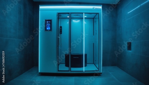A contemporary cryotherapy chamber with a futuristic design illuminated with blue lighting, situated in a dark room