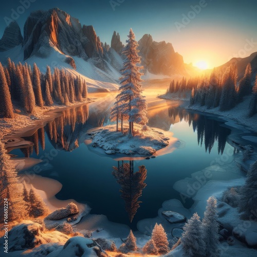 The golden light of dawn caresses a lone tree on an island, surrounded by the tranquility of a frozen lake. This peaceful landscape evokes a sense of solitude and reflection. AI generation photo