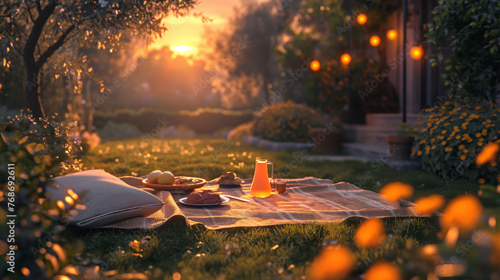 picnic in the park at sunset with pillows, drinks and fruits
