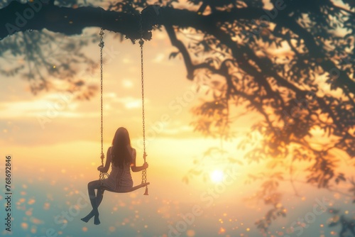 silhouette of a person jumping on a swing hanging from a tree on a beautiful sunset photo