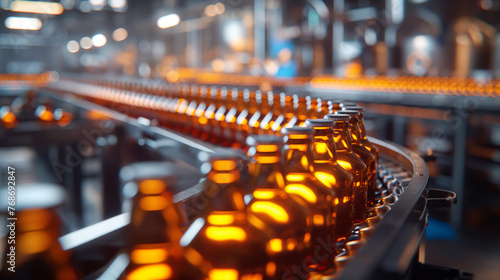 Production line filled with rows of beer bottles