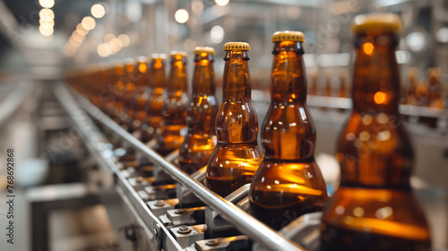 Production line filled with rows of beer bottles