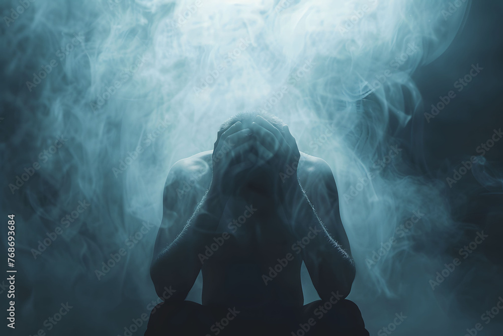 A depressed man suffering from emotional pain, sitting alone with a sad and worried expression, hands raised to his head, set against a misty dark background. A depressed man suffering from emotional pain, sitting alone with a sad and worried expression, hands raised to his head, set against a misty dark background.