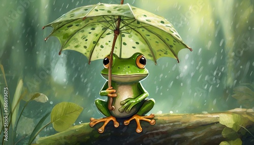 雨の日に傘をさしている緑色のカエル