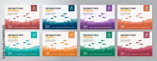 Seafood Package Label Templates Set. Colorful Fish Vector Background Banner Layouts Collection Isolated