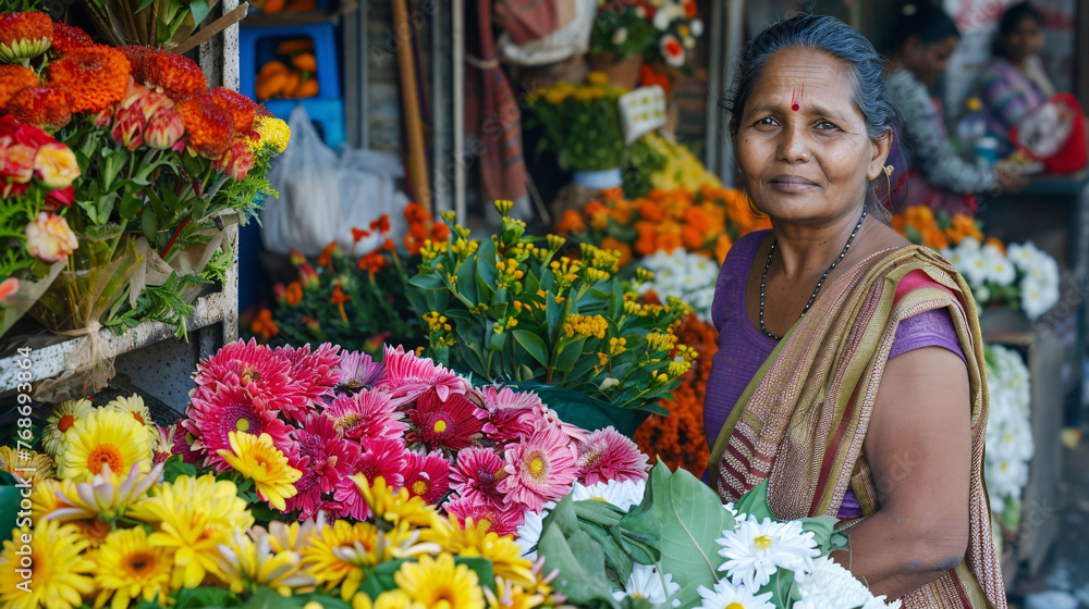 An Indian woman selling wide variety of flowers in her shop.