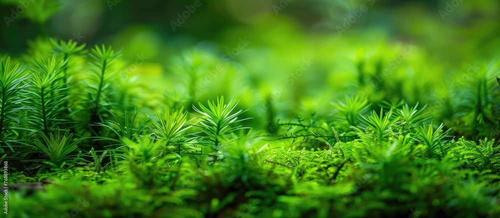This image showcases a detailed close-up of a vibrant green mossy surface found in a lush forest. The moss appears to be flourishing, covering the ground in a thick and intricate pattern.