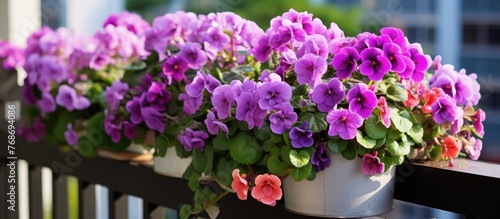 A neat row of potted violets and begonias sits on top of a window sill, adding a touch of nature to the household space. photo