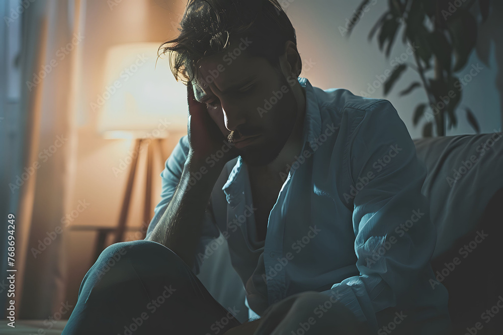 A depressed man suffering from emotional pain, sitting alone with a sad and worried expression, hands raised to his head, set against a misty dark background. - obrazy, fototapety, plakaty 