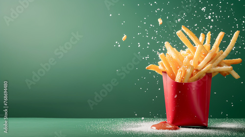 A red container of french fries is on a green background, food leviation photo photo