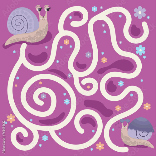 Children's educational game labyrinth. Vector game for children with cute snails.