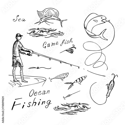 Fisherman in the ocean and fish on boat and fish is jumping. Vector black sketch image.