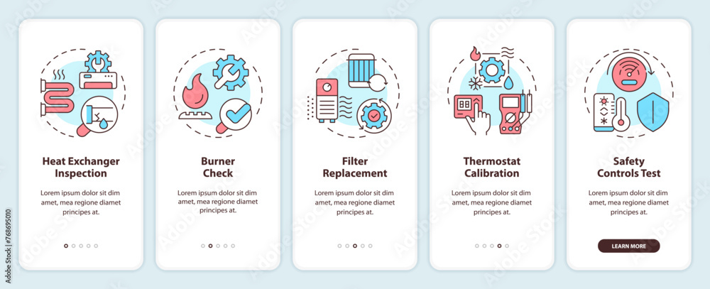 Heating inspection onboarding mobile app screen. HVAC walkthrough 5 steps editable graphic instructions with linear concepts. UI, UX, GUI template. Myriad Pro-Bold, Regular fonts used