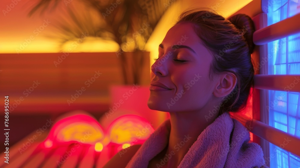 Young woman in infrared sauna urrounded by soft, warm light, self-care holistic health therapy concept. Generative ai - obrazy, fototapety, plakaty 