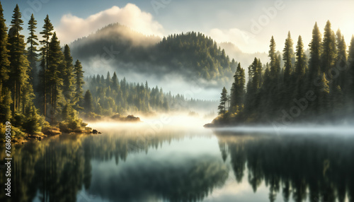Misty Forest Lake at Dawn with Pine Trees Reflection
