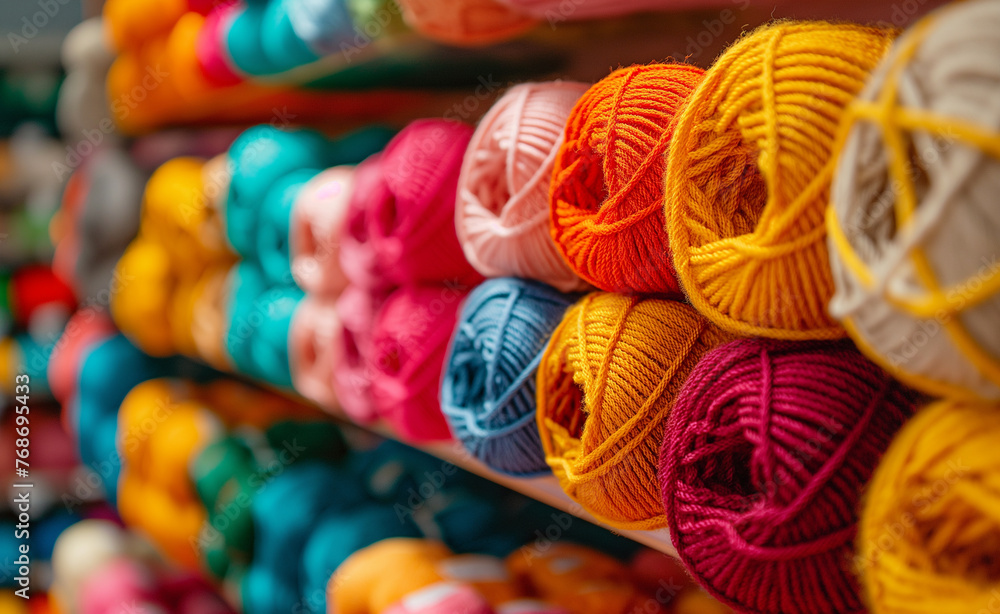 Vibrant Threads: Close-Up of Colored Yarn Balls and Needlework Supplies