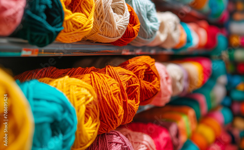 Vibrant Threads: Close-Up of Colored Yarn Balls and Needlework Supplies