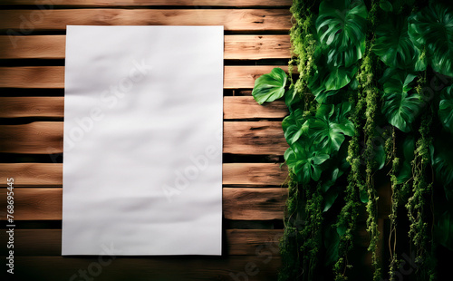  blank poster on old brown wooden boards  and green plant background © Leka
